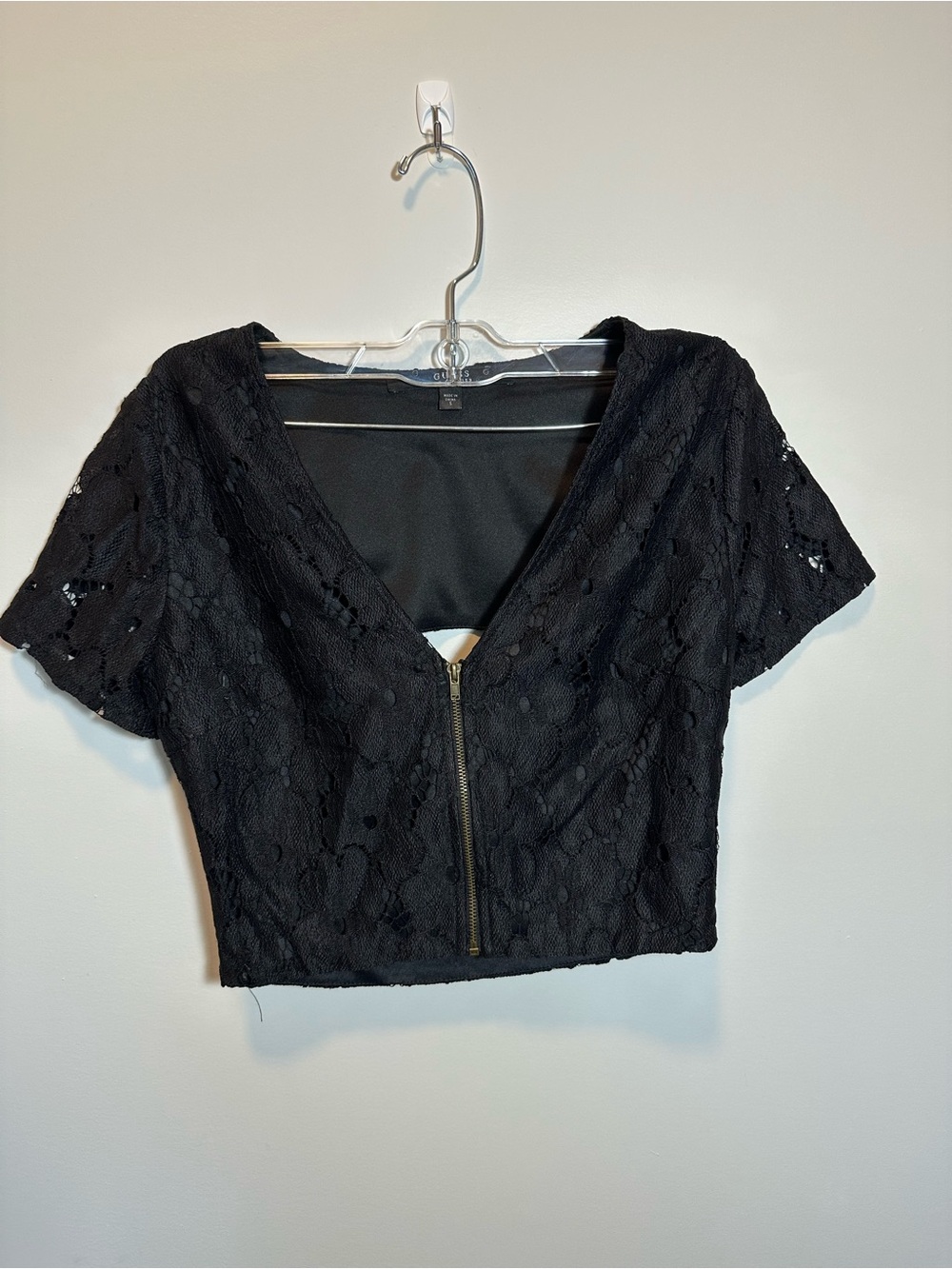 Guess Black Lace Zip-Front Crop Top with Short Sleeves